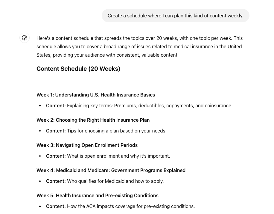 Chatgpt example for scheduling content for a website